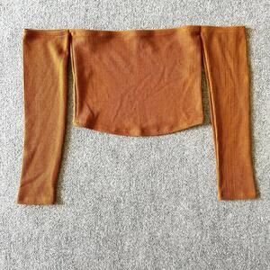 Modish Ribbed Brown Rust Off The Shoulder Long Sleeve Crop Top Women's Large